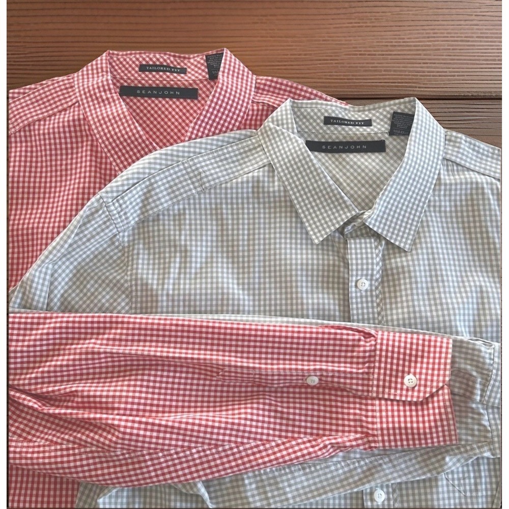 Sean John Mens Button Down Shirt  Lot 2 Red Grey Gingham 3XL Tailored Fit Preppy